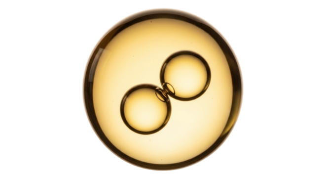 Two Interconnected Golden Spheres with Bubbles on Transparent Background. Detailed Macro Shot Showing Fluidity and Light Play. Isolated Transparent Background