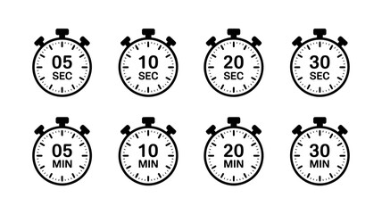 Time Management Icons Stopwatch Set for 5, 10, 20, and 30 Seconds & Minutes
