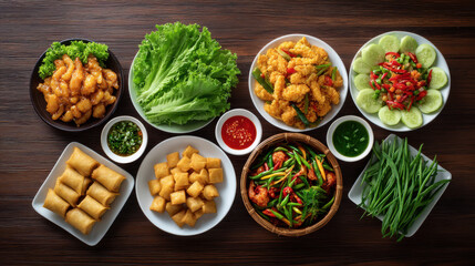 A delightful assortment of Asian appetizers is artfully arranged on a dark wooden table, showcasing vibrant colors and textures of fresh ingredients and sauces.
