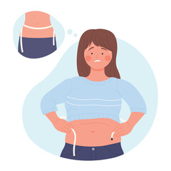 Upset woman thinking of weight loss and ideal shape. Reduction of total body mass via healthy habits flat vector illustration