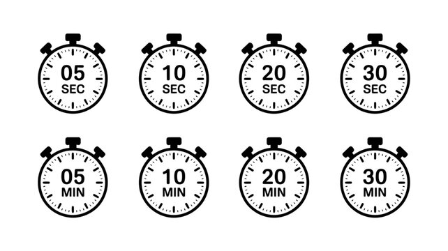 Time Management Icons Stopwatch Set for 5, 10, 20, and 30 Seconds & Minutes