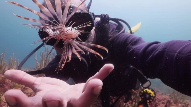 Buzo encantador de pez leon (pterois volitans) manipulando un peque&ntilde;o pez leon invasor en el caribe