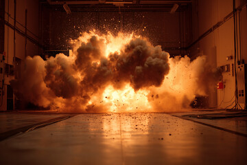 A powerful explosion creates a billowing cloud of smoke, debris, and bright orange flashes of light filling a room.