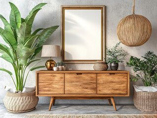 Stylish Interior with Wooden Sideboard and Plants