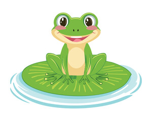 Cheerful Green Frog on Floating Water Leaf