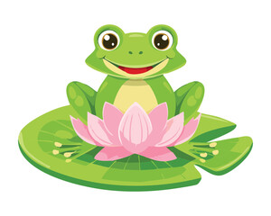 Smiling Frog on Water Lily with Lotus Bloom