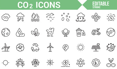 Set of environmental impact icons including CO2, solar panels, and green energy solutions.