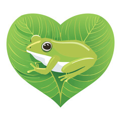 Green Frog Resting on Heart Shaped Leaf