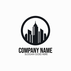 Silhouette of a city skyline in a circle, for urban real estate or architecture logo