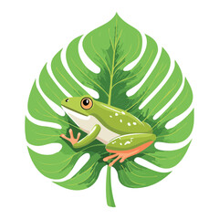 Green Frog Resting on Large Monstera Leaf