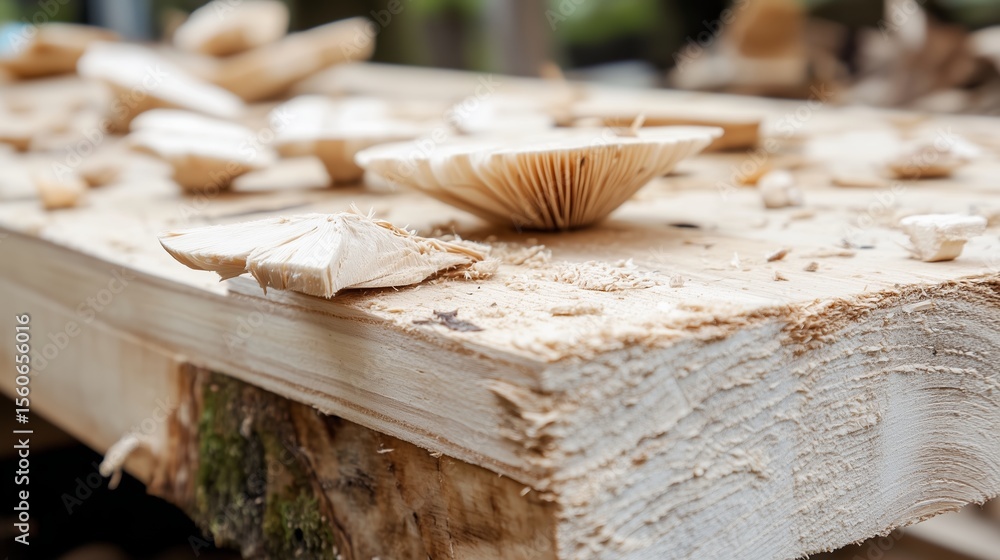Poster close-up of freshly carved wood shavings on a rustic workbench showing craftsmanship in action durin
