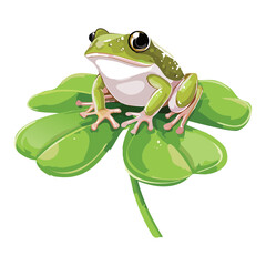 Cute Green Frog Sitting on Clover Leaf