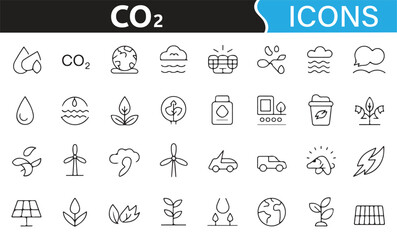A collection of environmental and sustainability-related icons, representing topics like CO2 emissions, renewable energy, recycling, and environmental conservation.