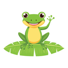Happy Frog Waving Hello from Green Leaf