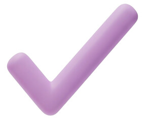 3D render of a purple check mark in soft pastel style, transparent background, great for playful designs, UX elements, or educational content.