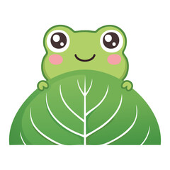 Cute Happy Frog Peeking from Green Leaf