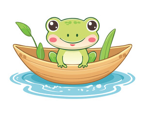 Cheerful Frog Resting in Small Wooden Boat
