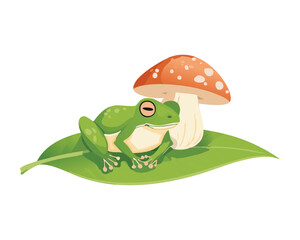 Amphibian on Green Leaf with Toadstool