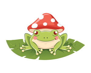 Green Frog Enjoying Shade of Red Mushroom