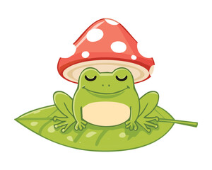 Content Frog Below Vibrant Red Mushroom