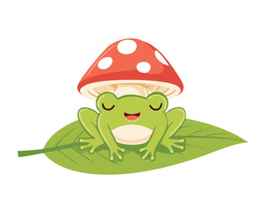 Smiling Frog Under Red Toadstool on Leaf