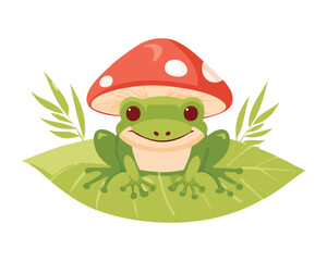 Cute Green Frog Under Red Mushroom