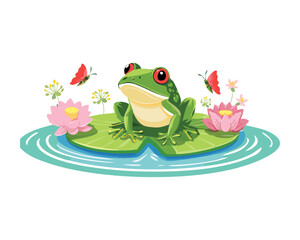 Happy Frog with Pink Lotus Flowers and Butterflies