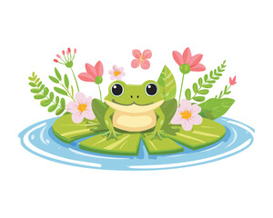 Frog on Lily Pad with Pink Lotus and Plants