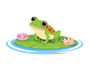 Green Frog on Lily Pad with Lotus