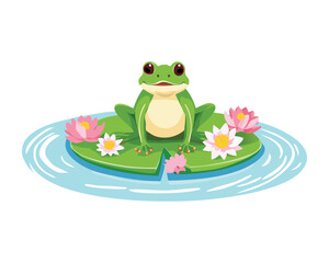 Content Frog with Pink Water Lilies and Butterflies