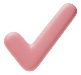 Adorable pink check mark in 3D pastel design, isolated on transparent background, suitable for kids graphics, UI elements, or card embellishments.