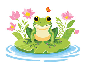 Cheerful Frog Among Butterflies and Pink Lotus