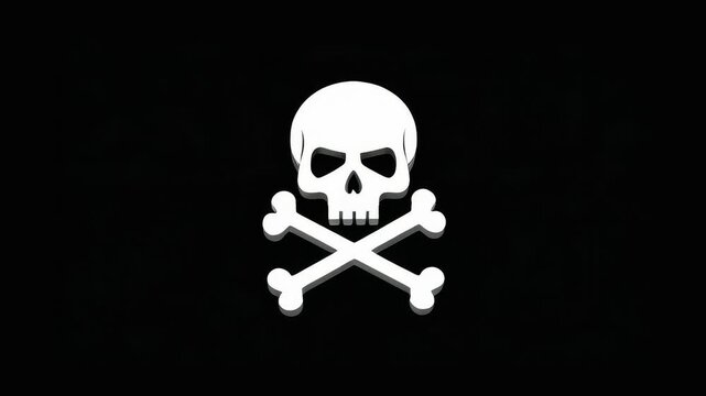 Flat 2D animation of a white skull with crossed bones below it, centered on a solid black background. Simple and iconic warning sign, ideal for toxic labels, pirate visuals, or Halloween content.