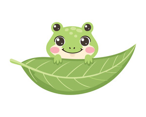 Cute Happy Frog Peeking from Green Leaf