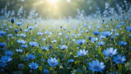 Fototapeta premium blue flowers in the grass, 8K image
