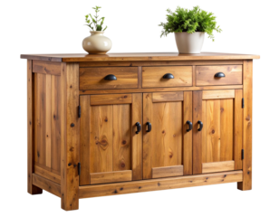 Rustic Wooden Cabinet with Vintage Handles, Angled Perspective, Cutout PNG.