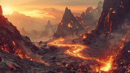 Naklejka premium Sinister Orange Mountains with Molten Lava
