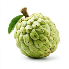 Fototapeta premium Fresh ripe green custard apple with a leaf and stem isolated on white background