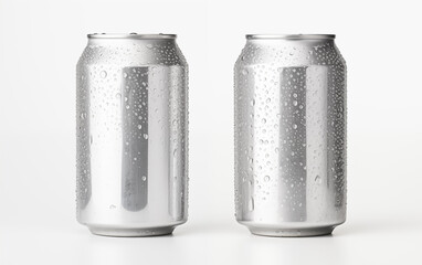 Two aluminum cans with water droplets on a white background in studio shot