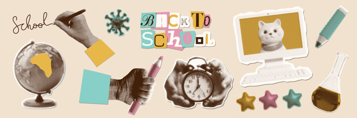 Set with collage torn out paper stickers for back to school or education theme. The halftone hand and study elements - PC screen, globe, alarm clock. Vector dotted illustration