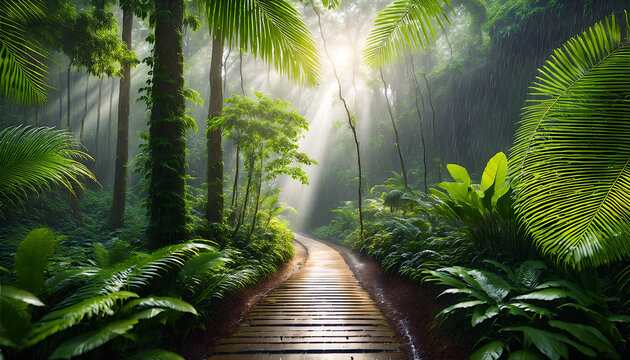 rainfall in jungle tropical rainforest natural morning light landscape track in large trees plants vibrance 3d render realistic dense jungle pathway palm big leaves fern exotic plants sunlight canopy