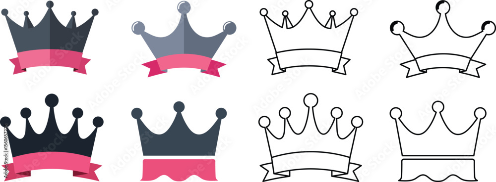 Poster set of eight different vector crown designs in multiple colors with blank ribbons.
