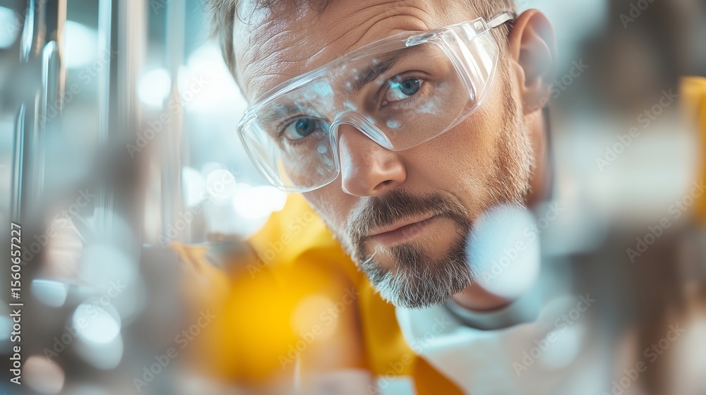 Poster close-up of a focused scientist examining materials in a laboratory setting during the day