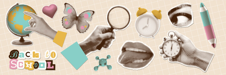 Paper torn out elements set for mixed media halftone collage. Concept of learning, university, college or back to school. Hands holding magnifying glass, stopwatch and more. Vector