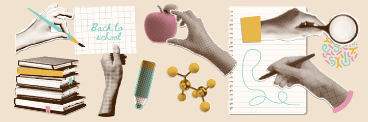 Set of school paper stickers, retro halftone collage elements for media design. Hands holding loupe, apple, painting brush, piece of paper, pen. Vector design on the theme of school, study, university