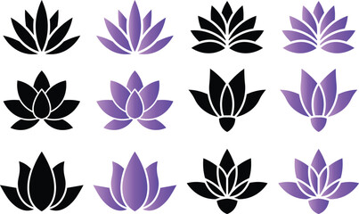 Set of minimalist lotus flower designs in black and purple gradient color schemes