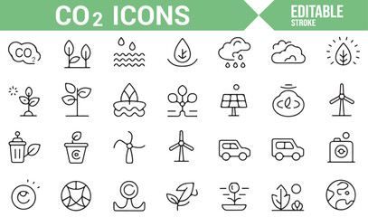 Set of CO2-related icons representing environmental impact, renewable energy, and eco-friendly solutions.