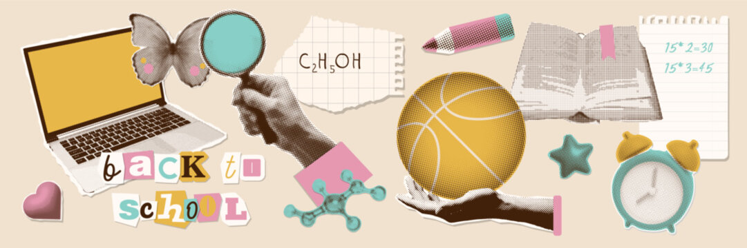 Funny back to school collage elements set. Dotted Halftone hands holding school supplies and stationery - loupe, basketball ball. Modern retro vector illustration