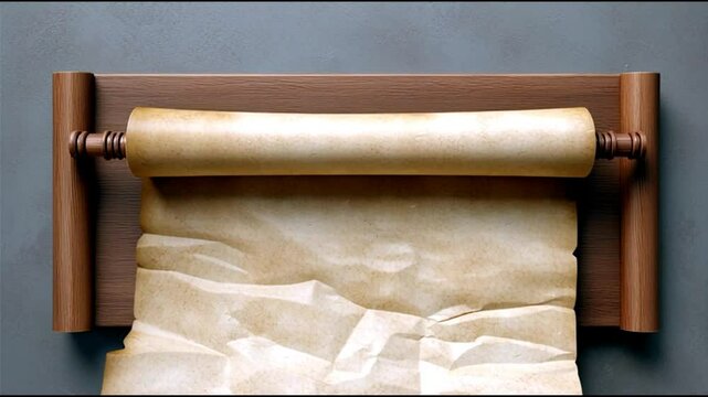 Ancient scroll unrolling revealing historic text on vintage parchment