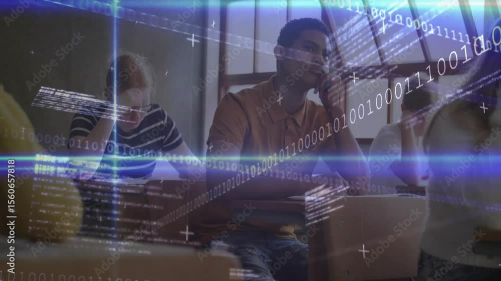 Poster teen boy pausing writing and gazing forward triggers tech binary streams filling classroom desks